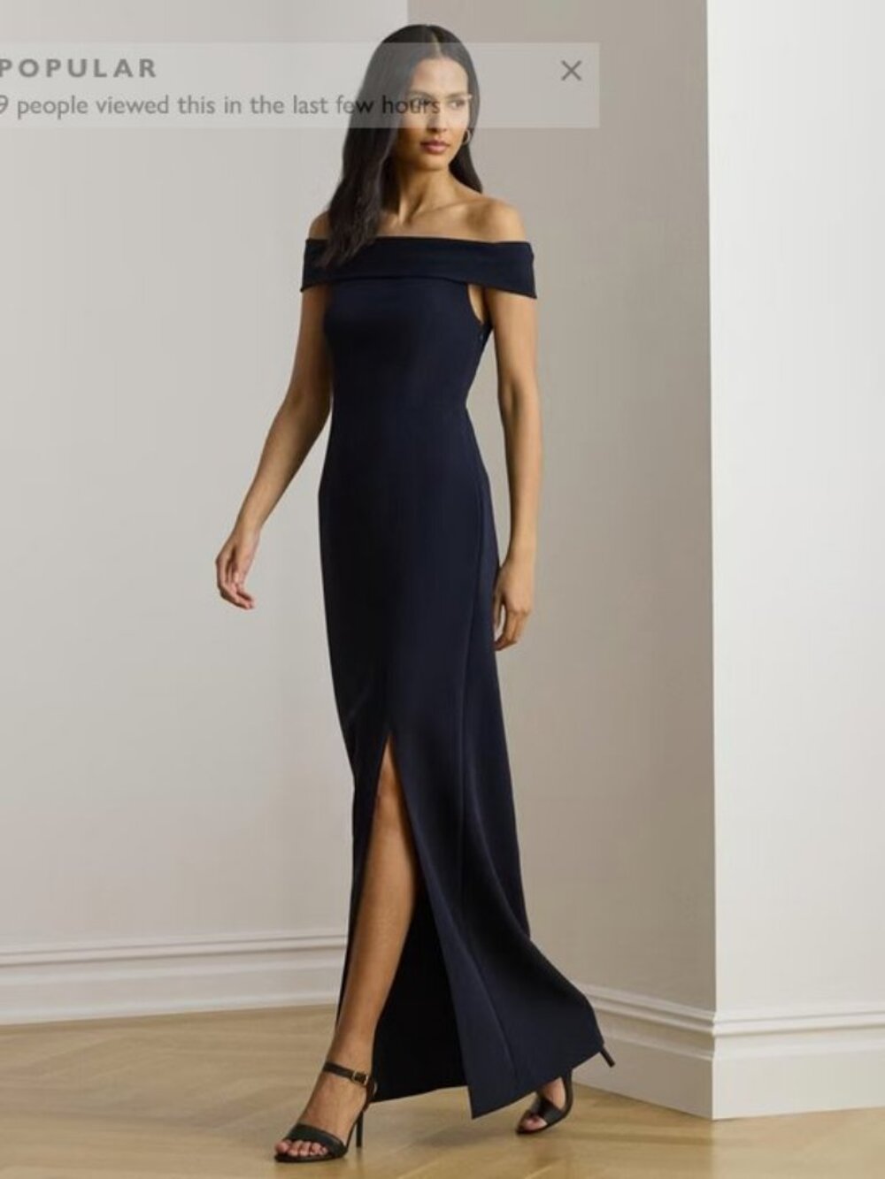 Lauren Ralph Lauren Dress Womens 10 Navy Blue Off The Shoulder Slit Formal Gown